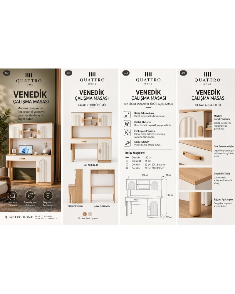 VENEDİK KİTAPLIKLI ÇALIŞMA MASASI- %100 MDF
