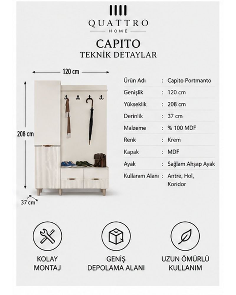 CAPITO PORTMANTO TAKIM - Genişlik 120 cm × Yükseklik 208 cm × Derinlik 37 cm-%100 MDF