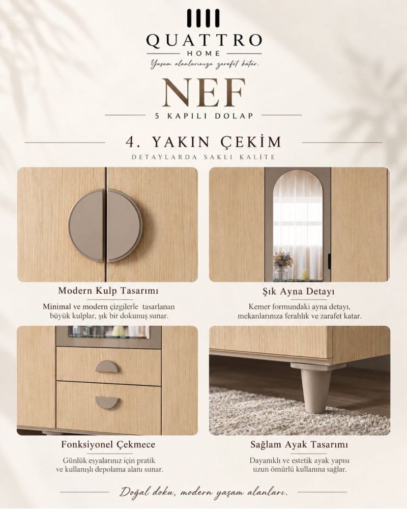 NEF 5 KAPAKLI DOLAP-Genişlik: 200 cm Yükseklik: 208 cm Derinlik: 54 cm-%100 MDF