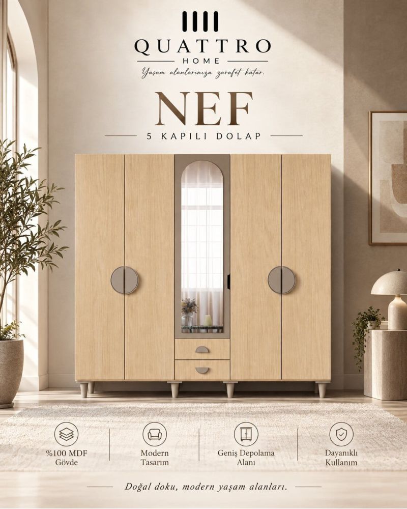 NEF 5 KAPAKLI DOLAP-Genişlik: 200 cm Yükseklik: 208 cm Derinlik: 54 cm-%100 MDF