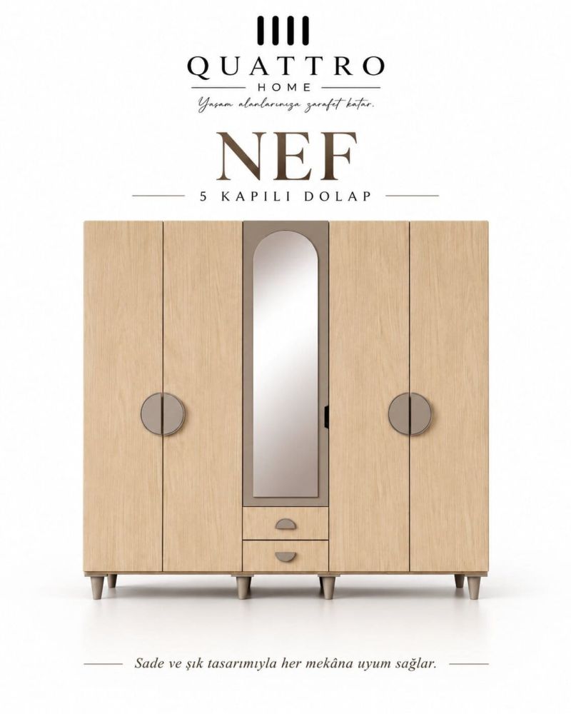 NEF 5 KAPAKLI DOLAP-Genişlik: 200 cm Yükseklik: 208 cm Derinlik: 54 cm-%100 MDF
