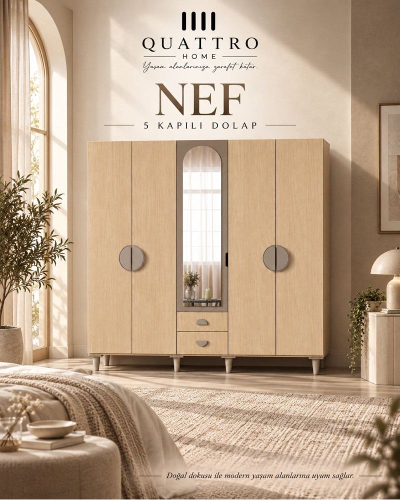 NEF 5 KAPAKLI DOLAP-Genişlik: 200 cm Yükseklik: 208 cm Derinlik: 54 cm-%100 MDF
