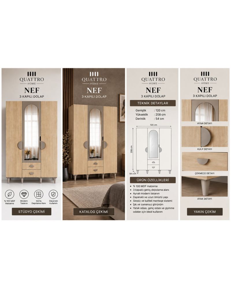 NEF 3 KAPAKLI DOLAP-Genişlik: 120 cm Yükseklik: 208 cm Derinlik: 54 cm-%100 MDF