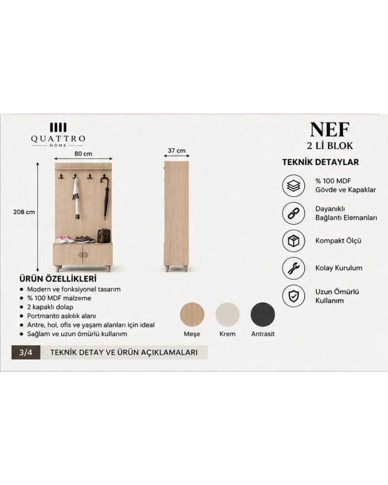 NEF VESTİYER PORTMANTO -Genişlik: 80 cm Yükseklik: 208 cm Derinlik: 37 cm-%100 MDF