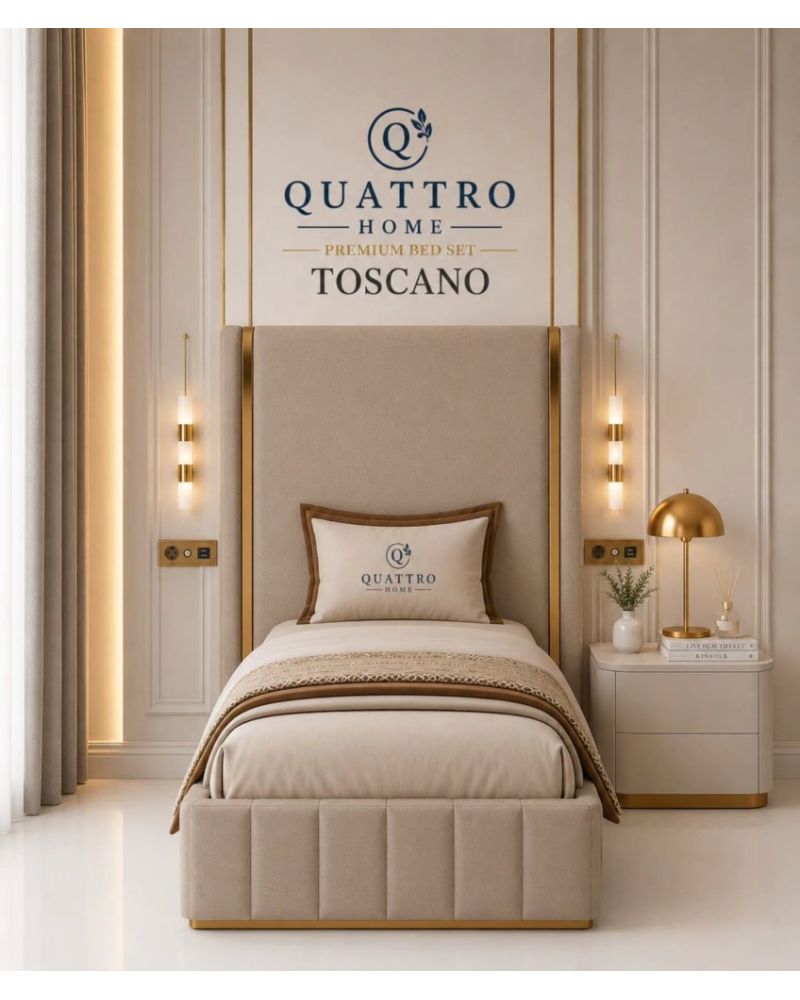 Toscano Premium Tek Kişilik Döşemeli Baza Başlık Seti – Bej ve Gold Detaylı