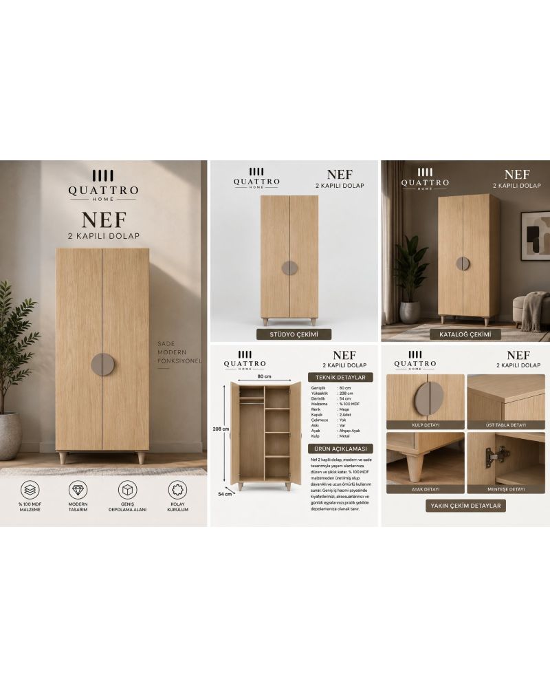 NEF 2 KAPAKLI DOLAP-Genişlik: 80 cm Yükseklik: 208 cm Derinlik: 54 cm-%100 MDF