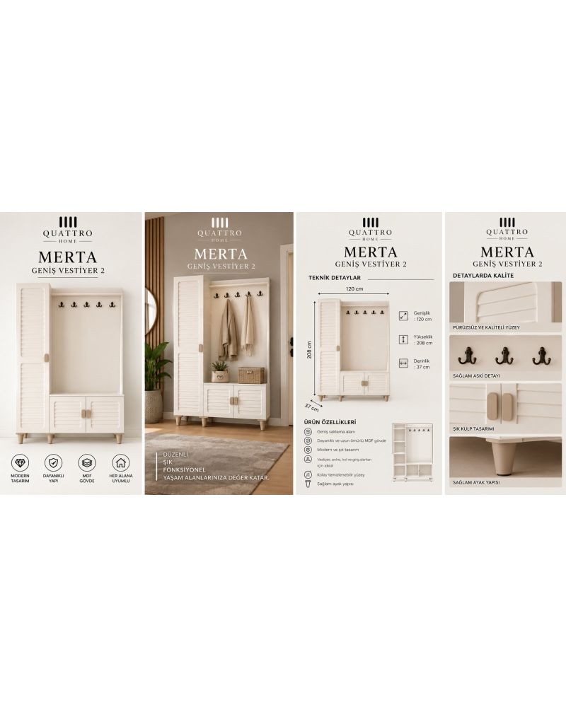 MERTA GENİŞ VESTİYER -Genişlik: 120 cm Yükseklik: 208 cm Derinlik: 37 cm % 100 MDF