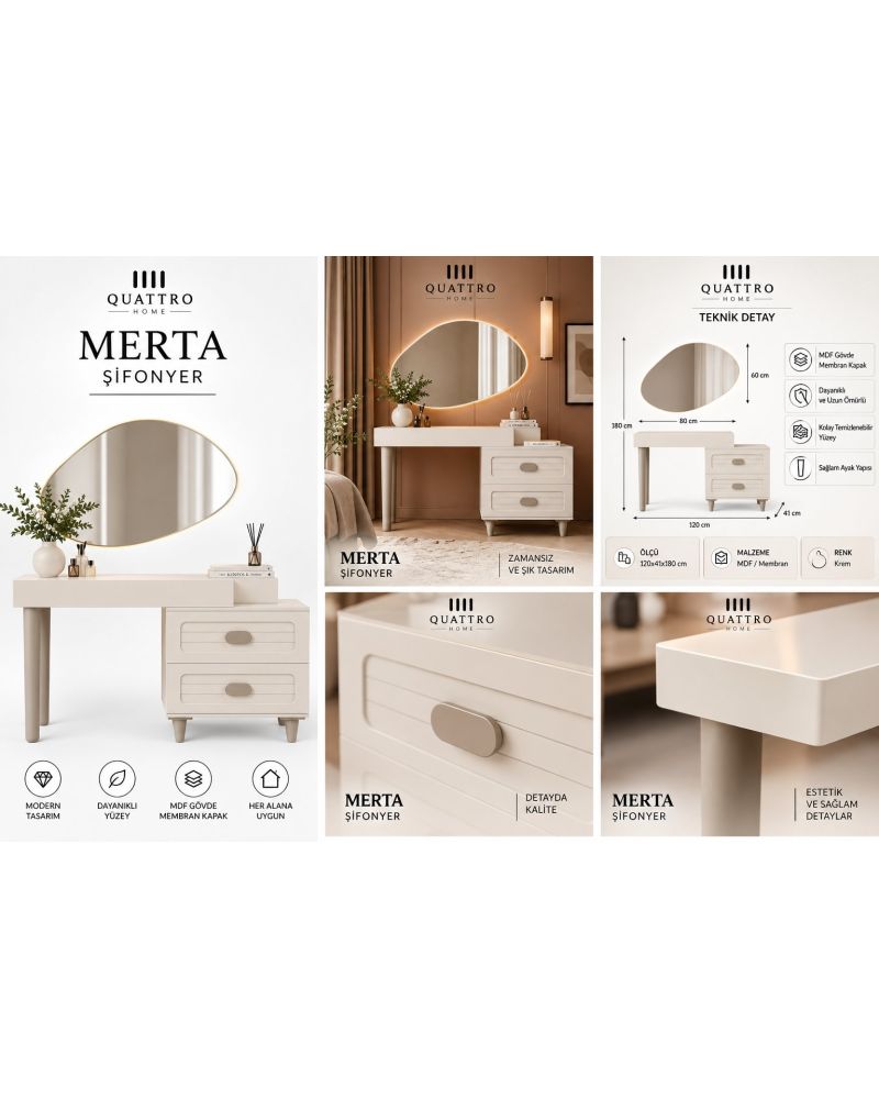 MERTA MAKYAJ MASASI-% 100 MDF-Genişlik: 120 cm Toplam yükseklik: 180 cm Derinlik: 41 cm Ayna ölçüsü: 80 × 60 cm