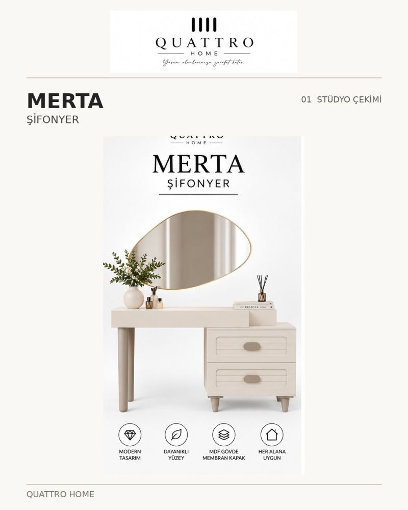 MERTA MAKYAJ MASASI-% 100 MDF-Genişlik: 120 cm Toplam yükseklik: 180 cm Derinlik: 41 cm Ayna ölçüsü: 80 × 60 cm