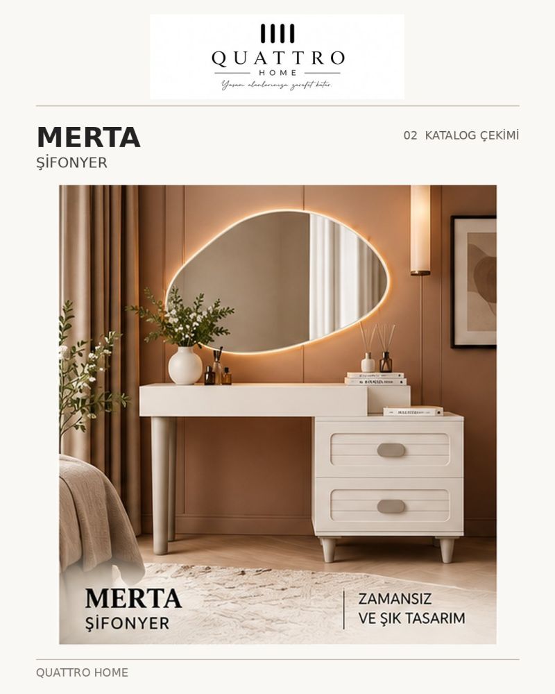 MERTA MAKYAJ MASASI-% 100 MDF-Genişlik: 120 cm Toplam yükseklik: 180 cm Derinlik: 41 cm Ayna ölçüsü: 80 × 60 cm