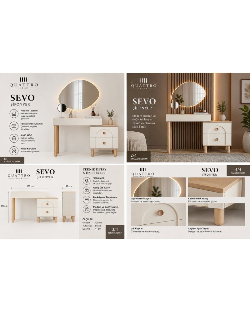 SEVO MAKYAJ MASASI-Genişlik: 120 cm  Yükseklik: 80 cm  Derinlik: 41 cm-%100 MDF