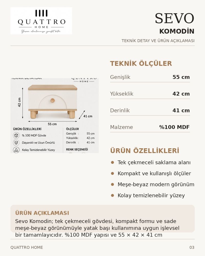 SEVO KOMODİN BEYAZ-Genişlik: 55 cm  Yükseklik: 42 cm  Derinlik: 41 cm-%100 MDF