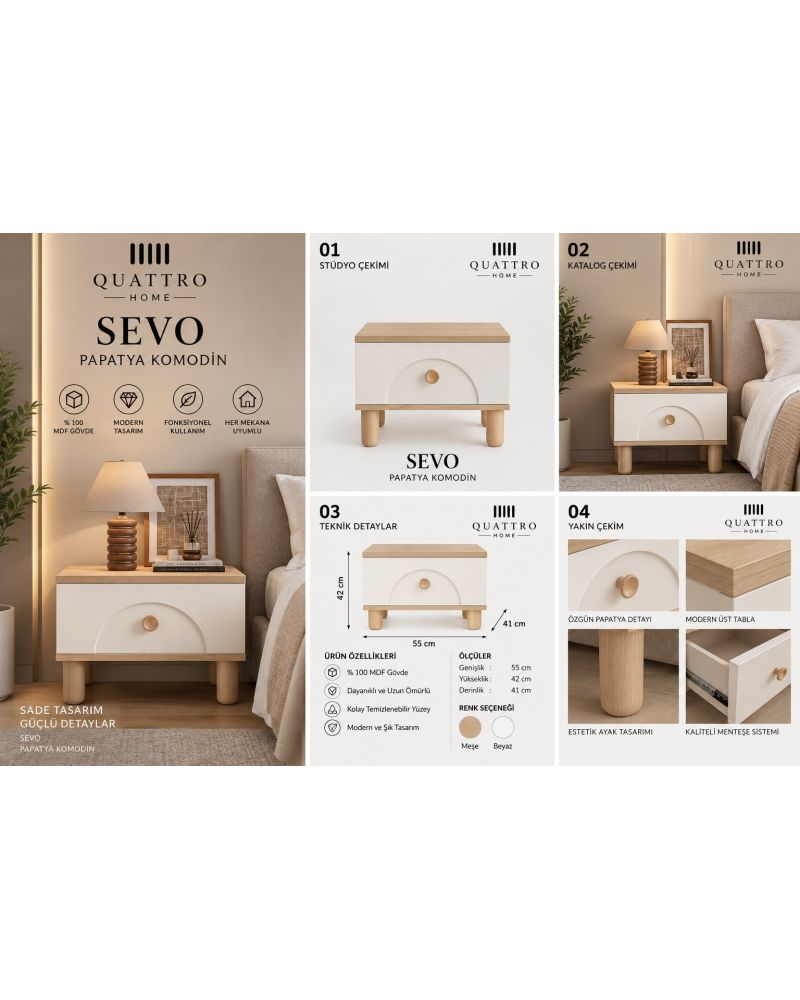 SEVO KOMODİN BEYAZ-Genişlik: 55 cm  Yükseklik: 42 cm  Derinlik: 41 cm-%100 MDF