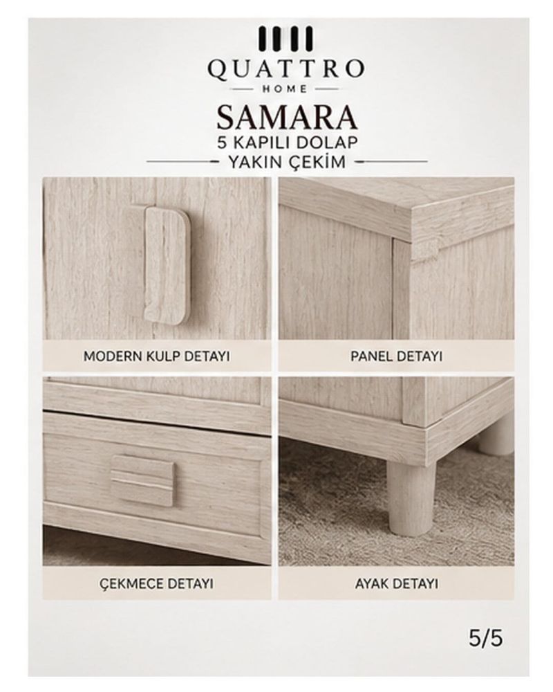 SAMARA 5 KAPAKLI DOLAP-Genişlik: 200 cm  Yükseklik: 208 cm  Derinlik: 54 cm-%100 MDF