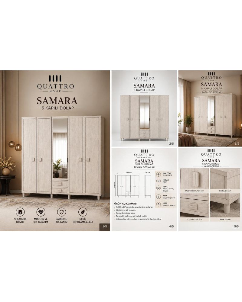 SAMARA 5 KAPAKLI DOLAP-Genişlik: 200 cm  Yükseklik: 208 cm  Derinlik: 54 cm-%100 MDF