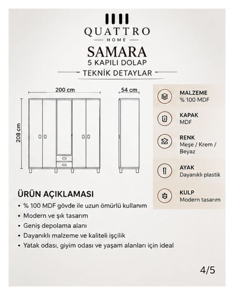 SAMARA 5 KAPAKLI DOLAP-Genişlik: 200 cm  Yükseklik: 208 cm  Derinlik: 54 cm-%100 MDF