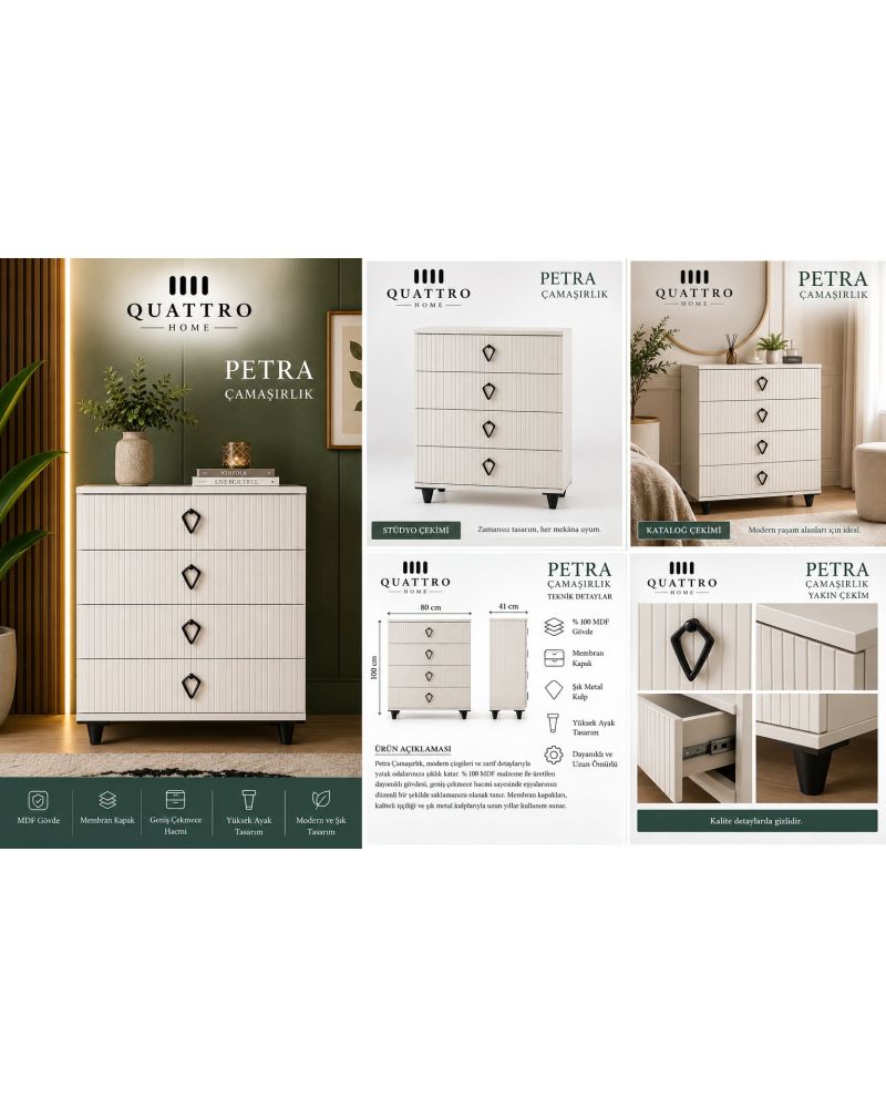 PETRA ÇAMAŞIRLIK ŞİFONYER -Genişlik: 80 cm  Yükseklik: 100 cm  Derinlik: 41 cm-%100 MDF