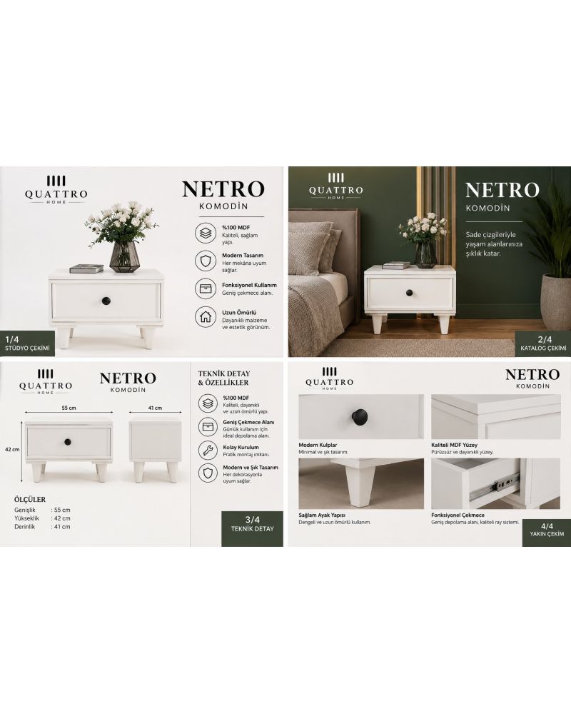 NETRO KOMODİN ÇEKMECELİ-Genişlik: 55 cm Yükseklik: 42 cm Derinlik: 41 cm Malzeme: %100 MDF