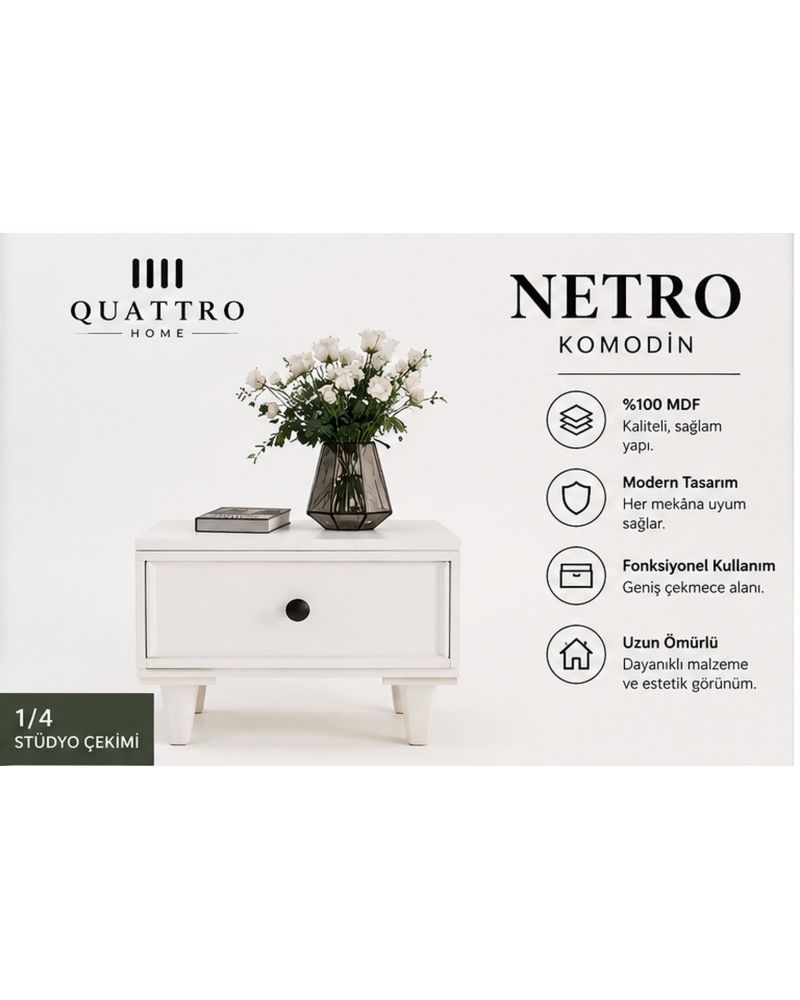 NETRO KOMODİN ÇEKMECELİ-Genişlik: 55 cm Yükseklik: 42 cm Derinlik: 41 cm Malzeme: %100 MDF