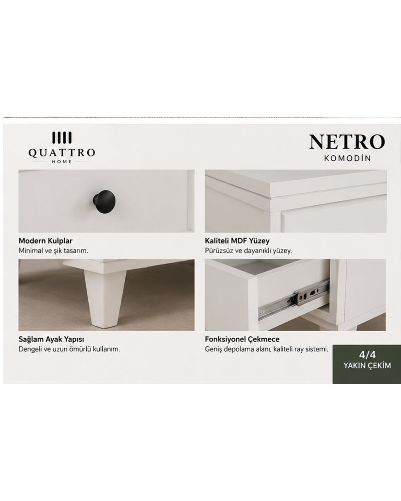 NETRO KOMODİN ÇEKMECELİ-Genişlik: 55 cm Yükseklik: 42 cm Derinlik: 41 cm Malzeme: %100 MDF
