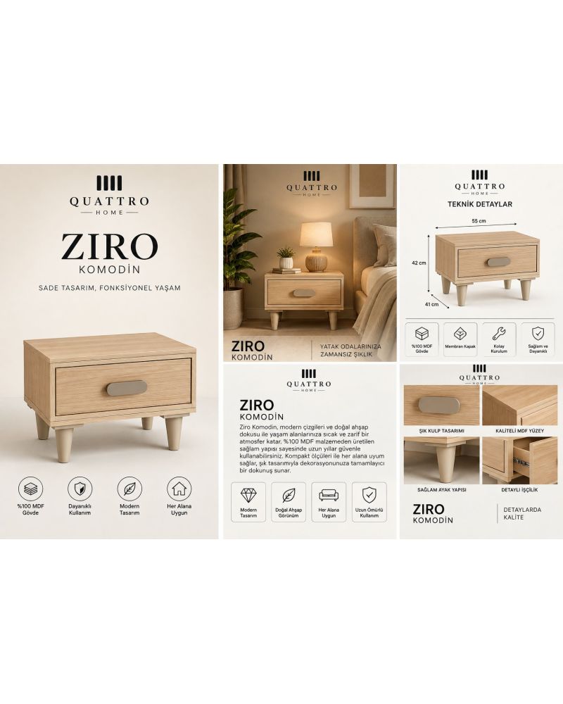 ZIRO KOMODİN ÇEKMECELİ -%100 MDF