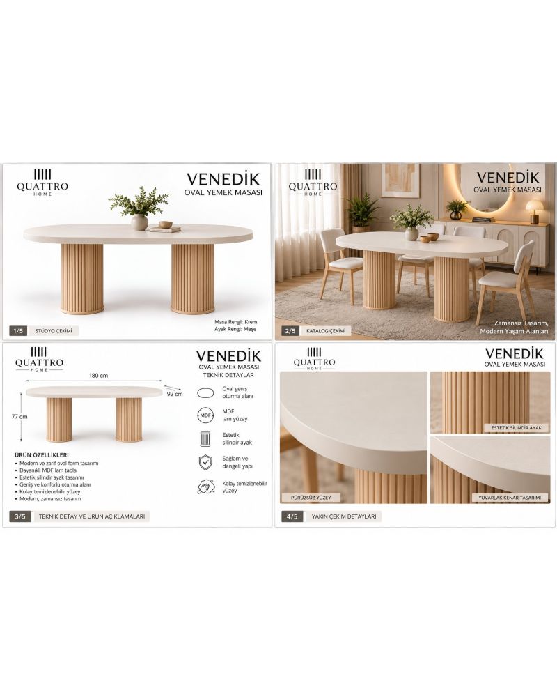 VENEDİK YEMEK MASASI-%100 MDF -180 cm, yükseklik 77 cm, derinlik 92 cm.
