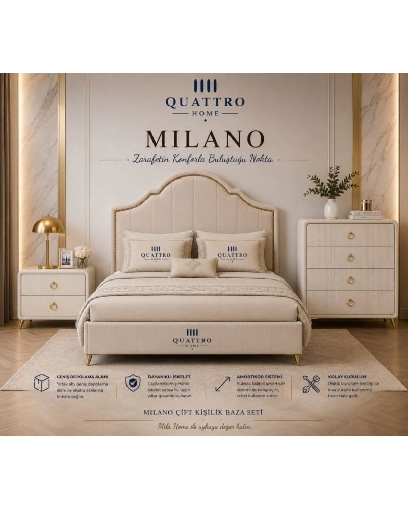 Milano Çift Kişilik Döşemeli Baza Başlık Seti – Krem ve Gold Detaylı