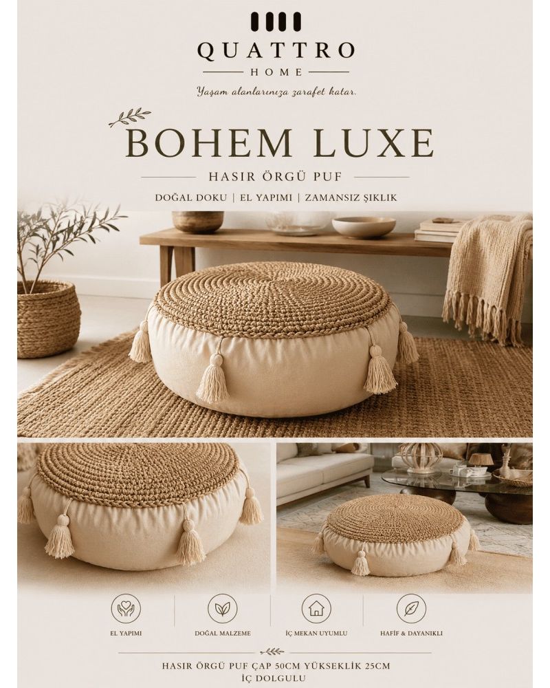 BOHEM LUXE Hasır Örgü PUF Minder İç Dolgulu Dekoratif Yer Minderi