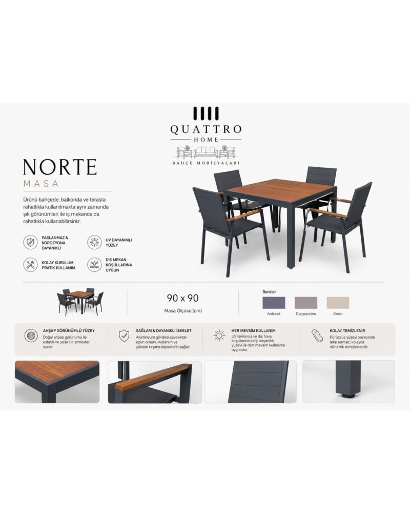Quattro Home Norte 90x90 Alüminyum Bahçe Masası Ahşap Görünümlü Kare Dış Mekan Masa UV ve Suya Dayanıklı
