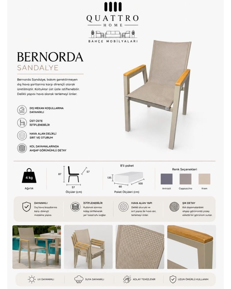 Quattro Home Bernorda Alüminyum Bahçe Sandalyesi İstiflenebilir Textilene Dış Mekan Balkon Teras Sandalyesi