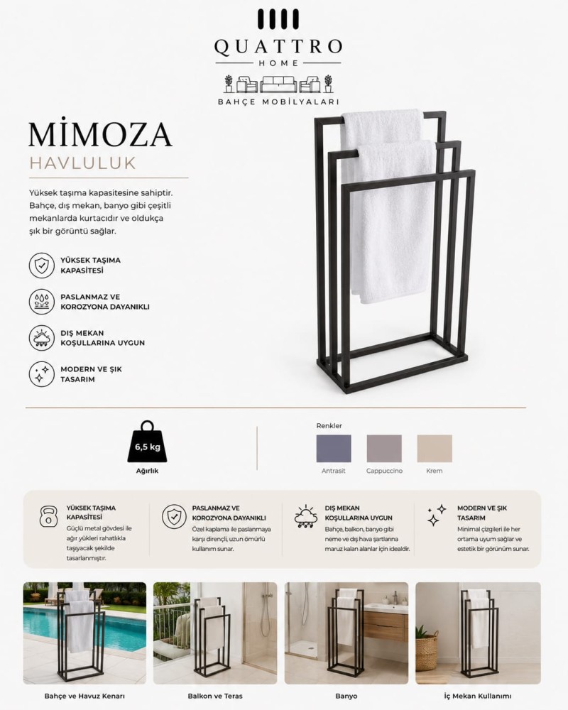 Mimoza Metal Havluluk Ayaklı Havlu Askılığı Banyo ve Havuz Kenarı Havluluk