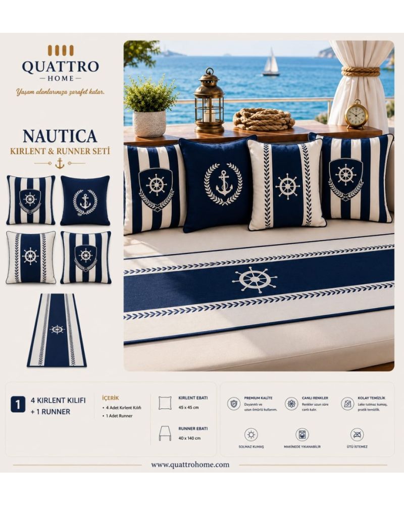 Quattro Home Nautica 4 Kırlent Kılıfı + 1 Runner Seti