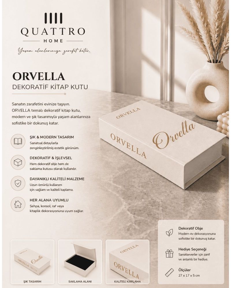 Orvella Krem Altın Detaylı Dekoratif Kitap Kutu