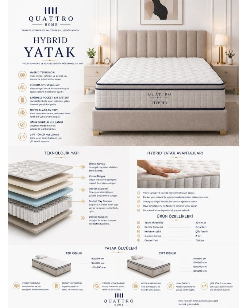 Hybrid Yatak Ortopedik Pocket Yaylı Visco Yatak Çift Taraflı 30 cm Hibrit Yatak