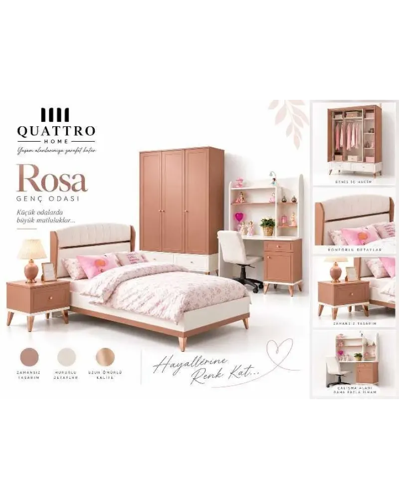 Rosa Genç Odası (3 Kapılı Dolap+Karyola 100x200+Komodin+Çalışma Masası ve Üst Ünite+Kitaplık+Şifonyer+ayna makyaj masa)