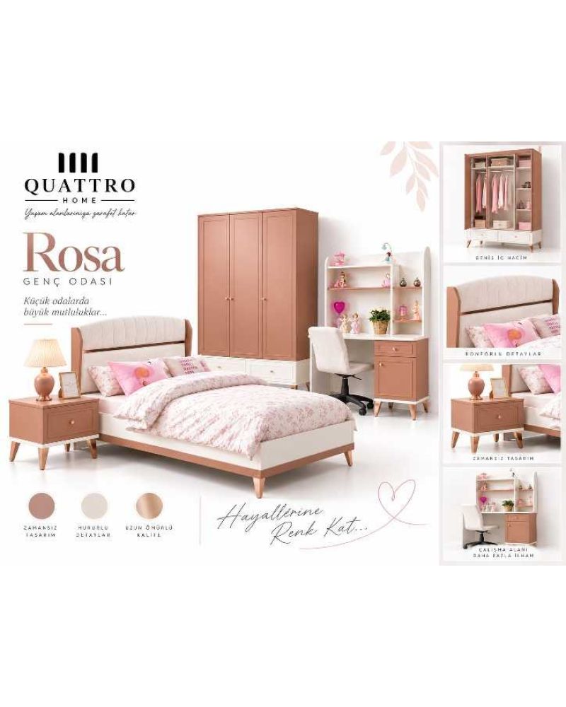 Rosa Genç Odası (3 Kapılı Dolap+Karyola 100x200+Komodin+Çalışma Masası ve Üst Ünite+Kitaplık+Şifonyer+ayna makyaj masa)