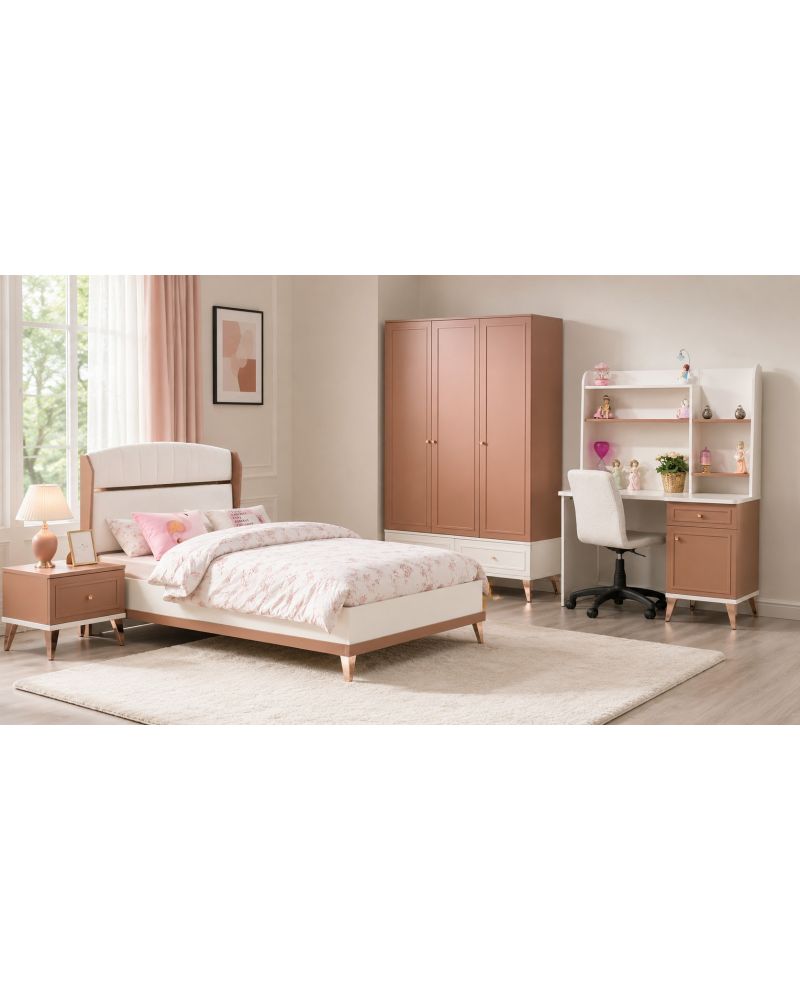Rosa Genç Odası (3 Kapılı Dolap+Karyola 100x200+Komodin+Çalışma Masası ve Üst Ünite+Kitaplık+Şifonyer+ayna makyaj masa)