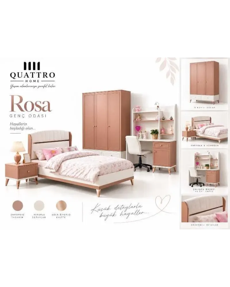 Rosa Genç Odası (3 Kapılı Dolap+Karyola 100x200+Komodin+Çalışma Masası ve Üst Ünite+Kitaplık+Şifonyer+ayna makyaj masa)
