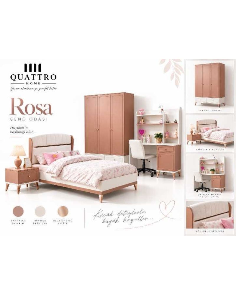 Rosa Genç Odası (3 Kapılı Dolap+Karyola 100x200+Komodin+Çalışma Masası ve Üst Ünite+Kitaplık+Şifonyer+ayna makyaj masa)