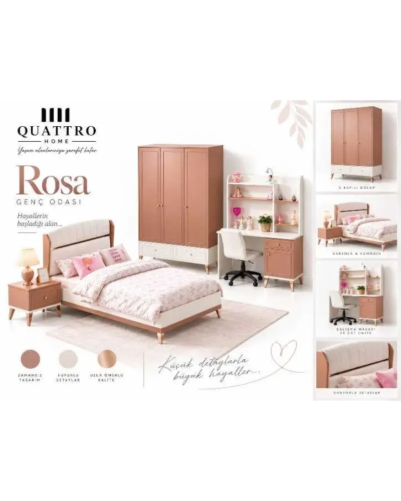 Rosa Genç Odası (3 Kapılı Dolap+Karyola 100x200+Komodin+Çalışma Masası ve Üst Ünite+Kitaplık+Şifonyer+ayna makyaj masa)