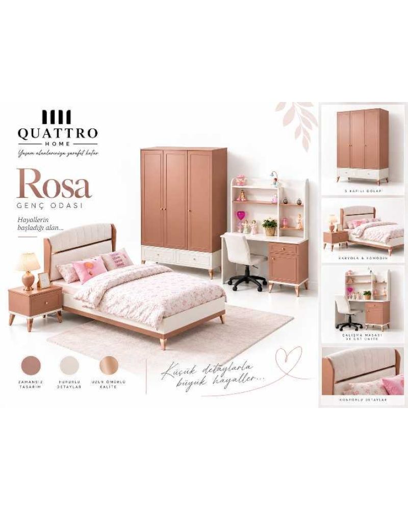 Rosa Genç Odası (3 Kapılı Dolap+Karyola 100x200+Komodin+Çalışma Masası ve Üst Ünite+Kitaplık+Şifonyer+ayna makyaj masa)