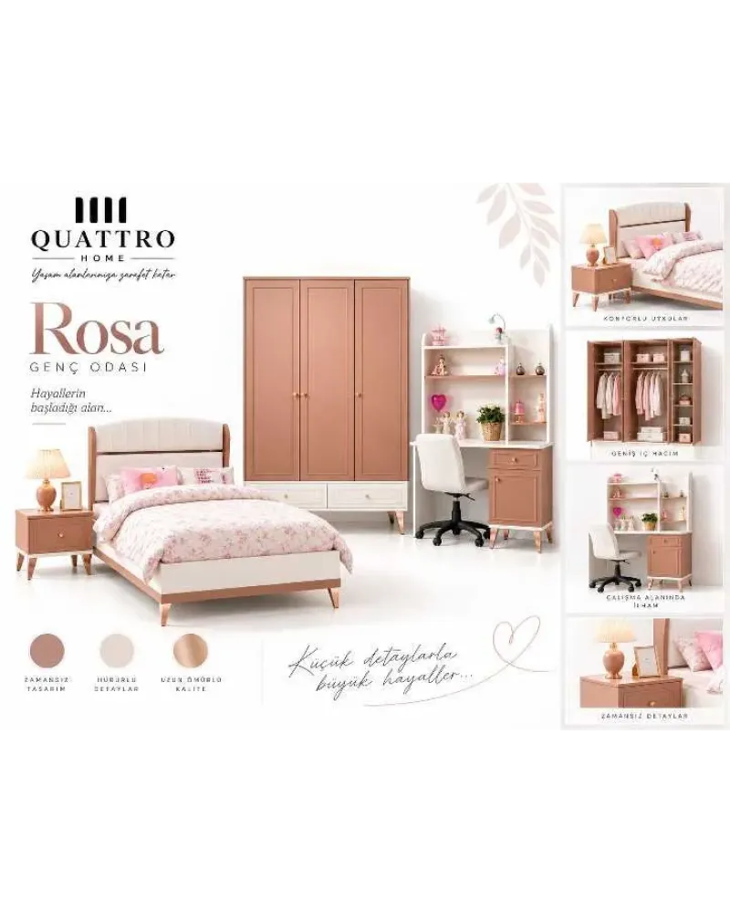 Rosa Genç Odası (3 Kapılı Dolap+Karyola 100x200+Komodin+Çalışma Masası ve Üst Ünite+Kitaplık+Şifonyer+ayna makyaj masa)
