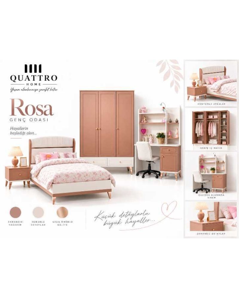 Rosa Genç Odası (3 Kapılı Dolap+Karyola 100x200+Komodin+Çalışma Masası ve Üst Ünite+Kitaplık+Şifonyer+ayna makyaj masa)