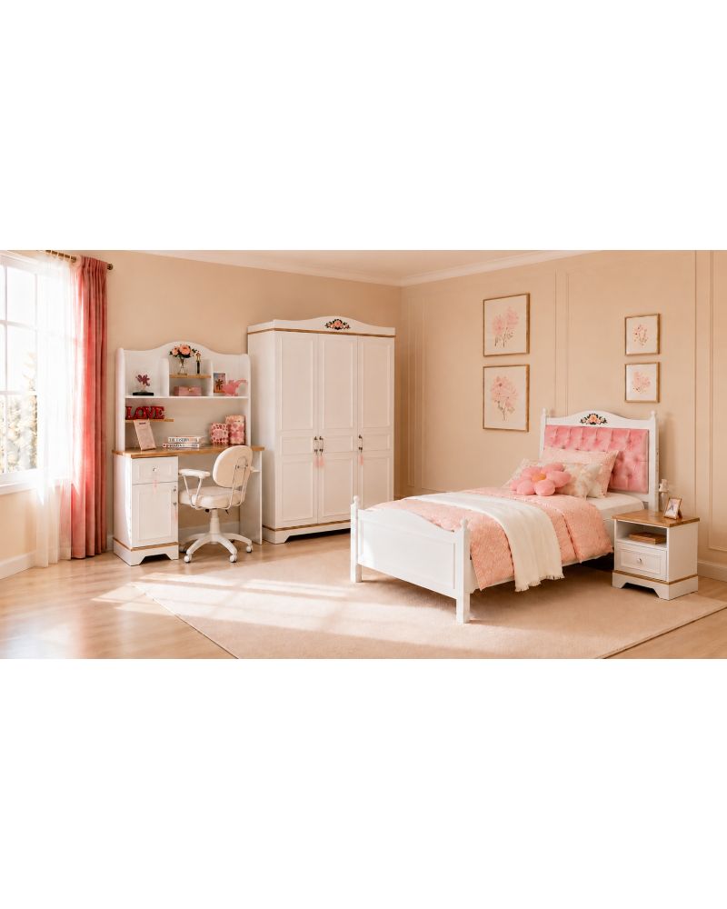 Flower Genç Odası(3 Kapılı Dolap+Karyola 100x200+Komodin+Çalışma Masası ve Üst Ünite+Kitaplık+Şifonyer+ayna )