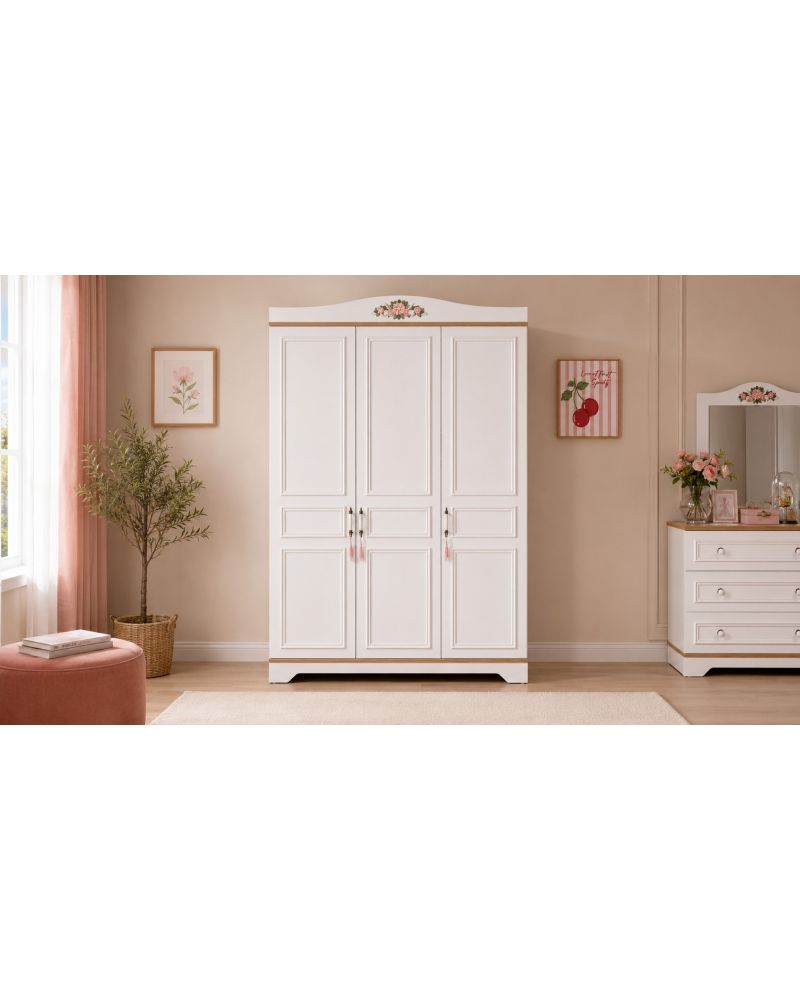 Flower Genç Odası(3 Kapılı Dolap+Karyola 100x200+Komodin+Çalışma Masası ve Üst Ünite+Kitaplık+Şifonyer+ayna )