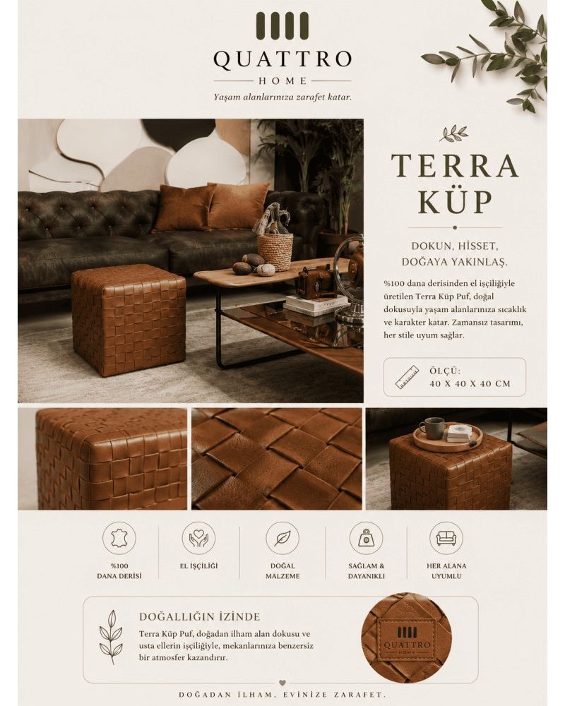 TERRA Küp Deri Puf 40x40x40 cm Dekoratif Deri Oturma Pufu
