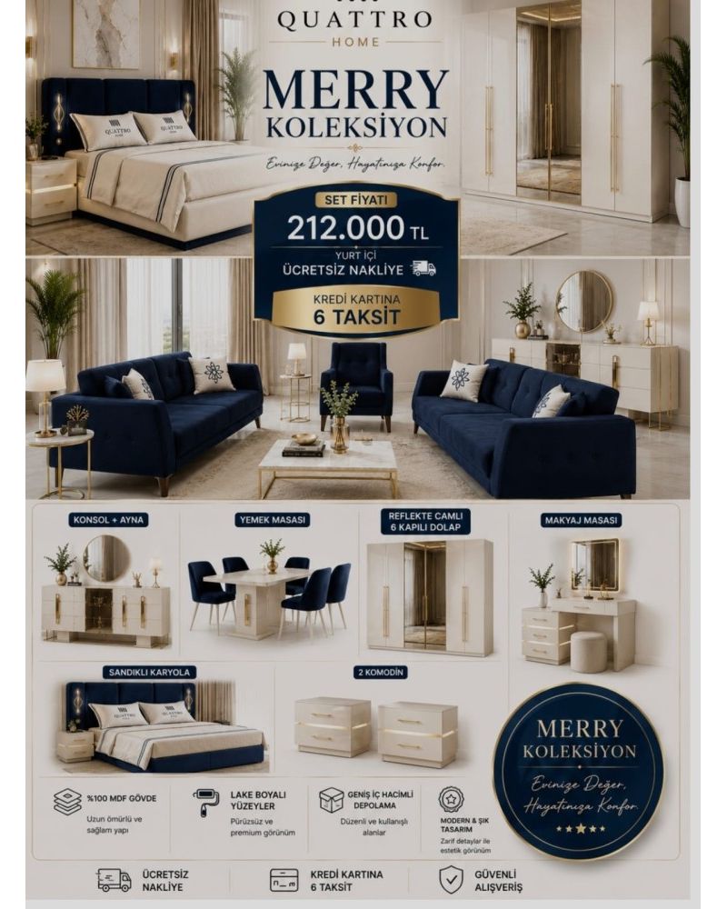 Quattro Home Merry Yatak Odası Takımı | Lake Boyalı 6 Kapılı Gardırop, Sandıklı Baza, Konsol, Yemek Masası ve Oturma Grubu Koleksiyonu