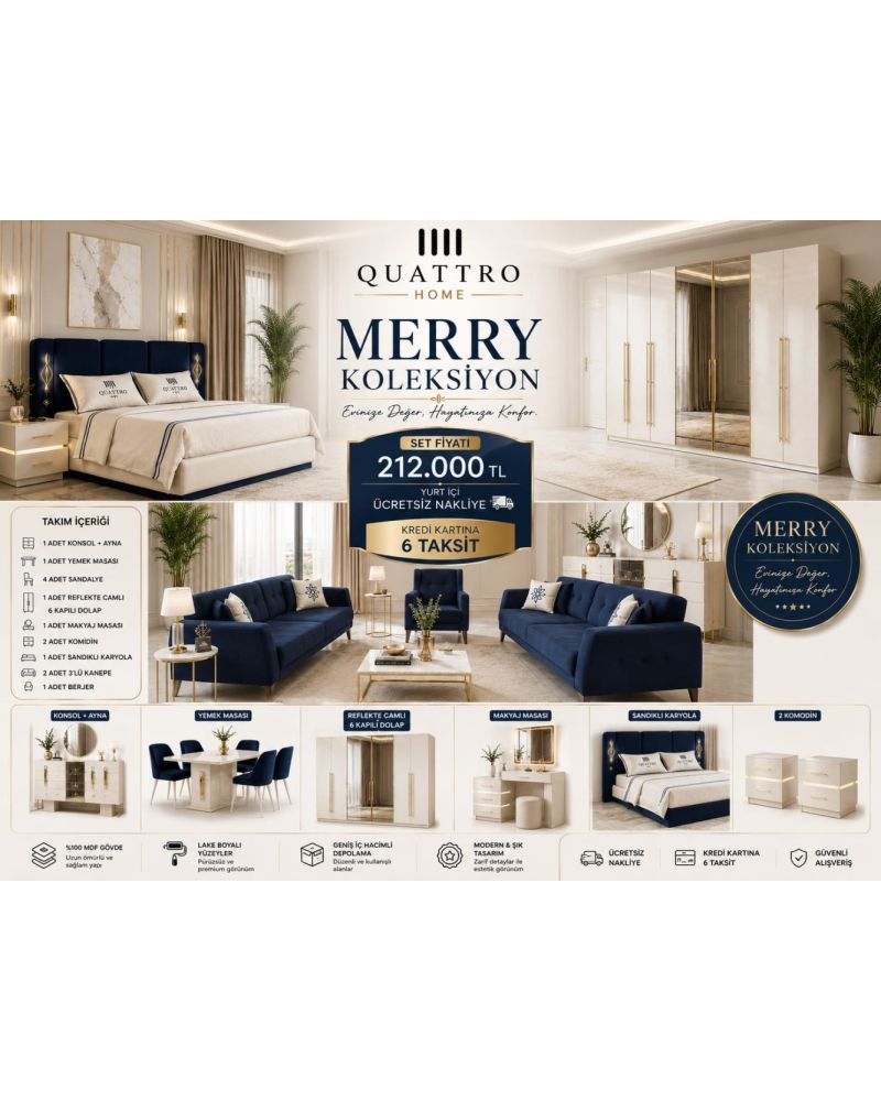 Merry Yatak Odası Takımı | Lake Boyalı 6 Kapılı Gardırop, Sandıklı Baza, Konsol, Yemek Masası ve Oturma Grubu Koleksiyonu