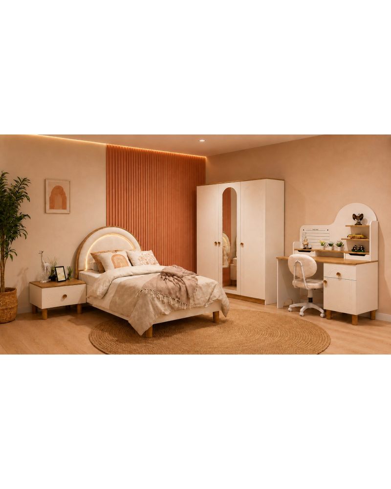 Bohem Genç Odası Takımı (4 Kapılı Dolap+Karyola 100x200+Komodin+Çalışma Masası ve Üst Ünite+Kitaplık+Şifonyer+ayna )