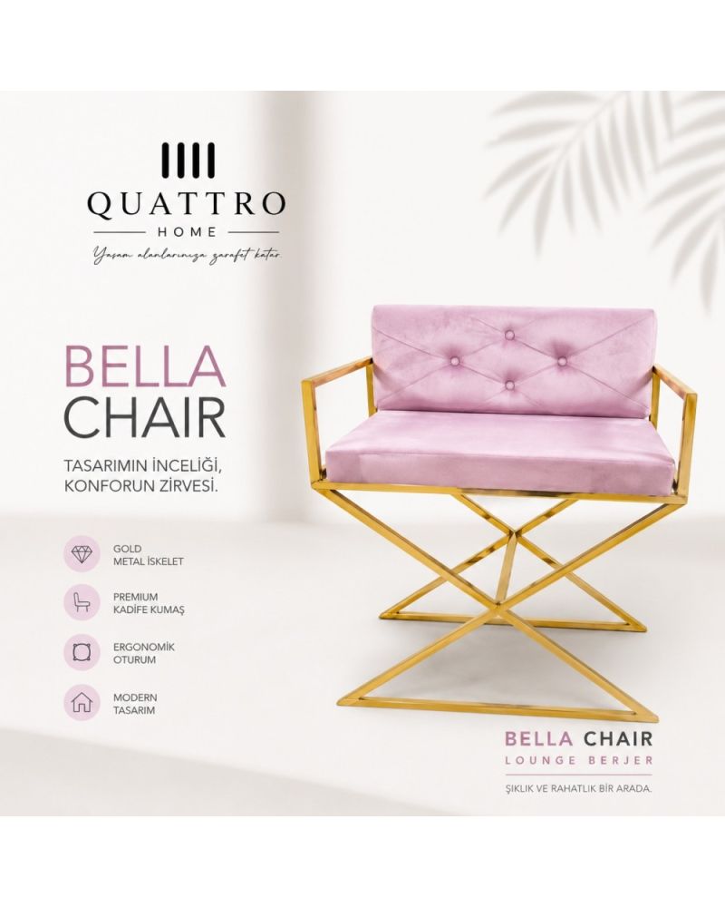 Bella Chair Pembe Kadife Lounge Berjer - Gold Metal İskeletli Modern Koltuk